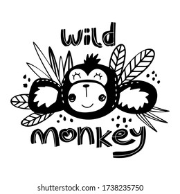 Ilustración vectorial de mono lindo al estilo escandinavo. Animación de dibujos animados.Dibujo ilustrativo.Mono retrato de dibujos animados con un diseño plano.