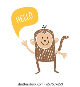 vector illustration of a cute monkey, waving his hand, and hello text in a bubble on isolated background