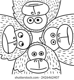 
Vector illustration of cute monkeys. Closeup images of several primate faces with a serious and confused impression. Fun monkey coloring page.