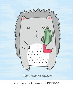 Vector illustration of cute monochrome black and white crew cut with cactus in his hands. Hand drawn sketch card with grey hedgehog with closed eyes on a blue grunge background. Best friends forever svg