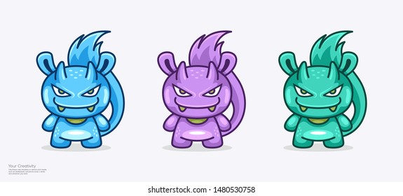 Vector illustration cute monster character mascot designwith horns and long tails