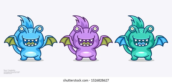 Vector illustration cute monster character mascot design with wings and long tails