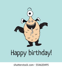 vector illustration of a cute monster and happy birthday text