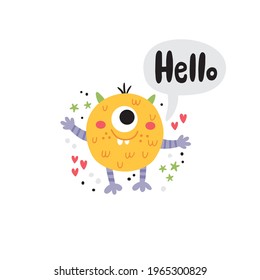 vector illustration of cute monster and hello hand lettering text, funny illustration for kids