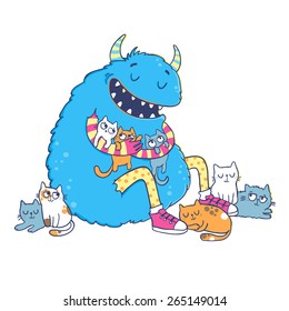 Vector illustration. Cute monster hugs cats.