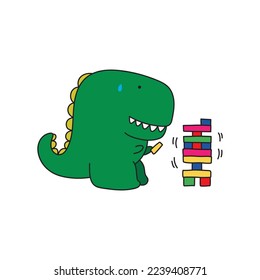 vector illustration of cute monster playing jenga