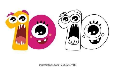 Vector illustration of cute monsters numbers. Color and outline cartoon image. Educational material for preschool children. Coloring book for kids.
