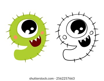 Vector illustration of cute monsters numbers. Color and outline cartoon image. Educational material for preschool children. Coloring book for kids.
