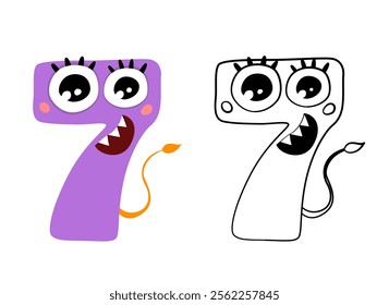 Vector illustration of cute monsters numbers. Color and outline cartoon image. Educational material for preschool children. Coloring book for kids.
