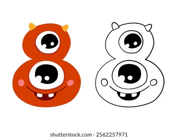 Vector illustration of cute monsters numbers. Color and outline cartoon image. Educational material for preschool children. Coloring book for kids.
