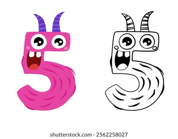 Vector illustration of cute monsters numbers. Color and outline cartoon image. Educational material for preschool children. Coloring book for kids.
