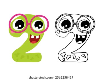 Vector illustration of cute monsters numbers. Color and outline cartoon image. Educational material for preschool children. Coloring book for kids.
