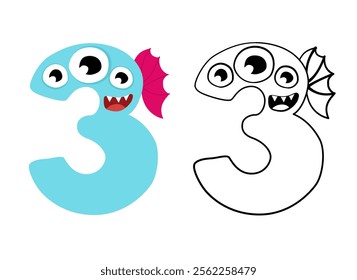 Vector illustration of cute monsters numbers. Color and outline cartoon image. Educational material for preschool children. Coloring book for kids.
