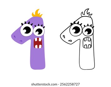 Vector illustration of cute monsters numbers. Color and outline cartoon image. Educational material for preschool children. Coloring book for kids.
