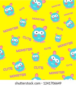 Vector illustration of cute monsters on yellow background. Seamless pattern.