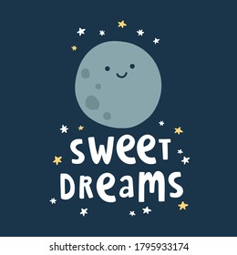 Vector illustration with cute Moon character and little stars in gold and white colors around. Text lettering "Sweet dreams". Good night concept. Wishing card, poster, design, print materials