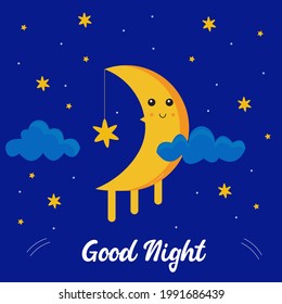Vector illustration of cute moon character graphic in Doodle Kawaii art style. Suitable for children's posters, children's books and more.
