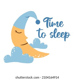 Vector illustration of cute moon with clouds. Kids poster with moon and clouds. Hand drawn illustration of good night for nursery.Cute good night posters in delicate colors.