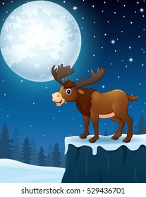 Vector illustration of Cute moose cartoon in the winter night background