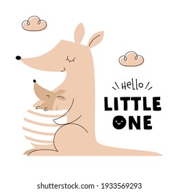 Vector illustration of cute mother and baby kangaroo, isolated on white background. Hello, Little One. 