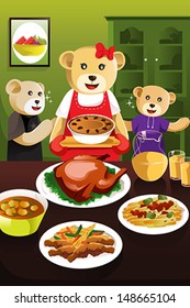 A vector illustration of cute mother bear having dinner with her kids