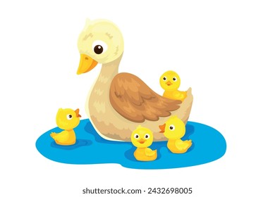 Vector illustration of cute mother duck with little ducklings on white background