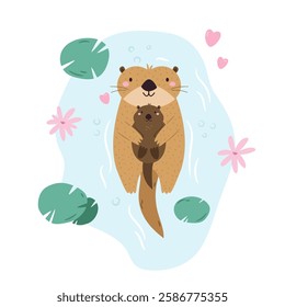 Vector illustration of cute mother otter floating with baby. Cartoon composition with adorable animal