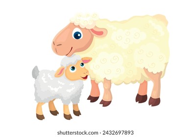 Vector illustration of cute mother sheep gently touches little lamb