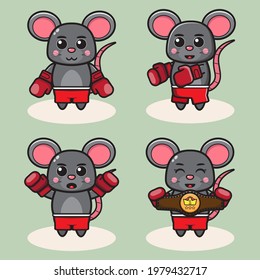 Ilustración vectorial de la tierna caricatura de boxeo del ratón. Conjunto de diseño de caracteres de expresión de ratón mate.