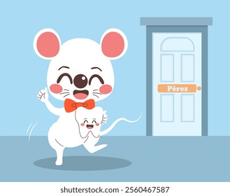 Vector illustration of cute mouse carrying large human kid tooth next to door of his house on background. Spanish culture tooth fairy mouse