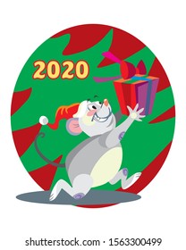 Vector illustration of cute mouse character running with present on green background. Vector cartoon stock illustration.Winter holiday, Christmas eve concept. For prints, banners, stickers, cards