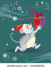 Vector illustration of cute mouse character running with gift on turquoise background. Vector cartoon stock illustration.Winter holiday, Christmas eve concept. For prints, banners, stickers, cards