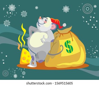 Vector illustration of cute mouse character with bag of money on turquoise background. Vector cartoon stock illustration.Winter holiday, Christmas eve concept. For prints, banners, stickers, cards
