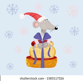 Vector illustration of a cute mouse and cheese on a background of snowflakes.Symbol of 2020 year.