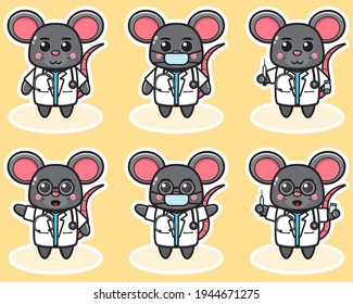 Vector illustration of cute Mouse Doctor cartoon. Cute Mouse expression character design bundle. Good for icon, logo, label, sticker, clipart.