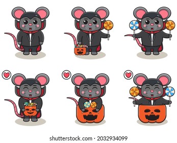Vector illustration of cute Mouse with Dracula costume. Mouse character vector design. Good for label, sticker, clipart.