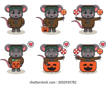Vector illustration of cute Mouse with Frankenstein costume. Mouse character vector design. Good for label, sticker, clipart.