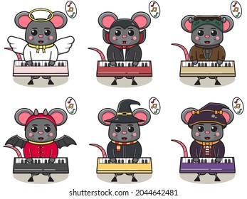 Vector illustration of cute Mouse with Halloween costume playing Keyboard. Mouse play a musical instrument. Good for label, sticker, clipart.