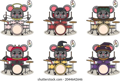 Vector illustration of cute Mouse with Halloween costume playing Drum. Mouse play a musical instrument. Good for label, sticker, clipart.