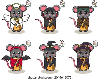 Vector illustration of cute Mouse with Halloween costume playing Saxophone. Mouse play a musical instrument. Good for label, sticker, clipart.