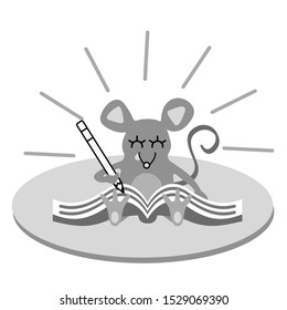Vector illustration of cute mouse holding pencil and making notes in the album. Cartoon animal writing new year resolutions and goals list on the book. 