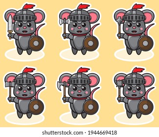 Vector illustration of cute Mouse Knight cartoon. Cute Mouse expression character design bundle. Good for icon, logo, label, sticker, clipart.