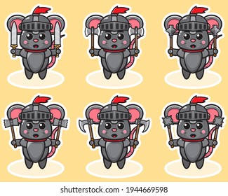 Ilustración vectorial de la tierna caricatura del Caballero del Ratón con arma dual. Conjunto de diseño de caracteres de expresión de ratón mate. Es bueno para el icono, logotipo, etiqueta, pegatina, clipart.