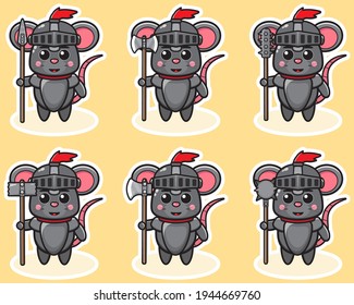Vector illustration of cute Mouse Knight cartoon with big weapon. Cute Mouse expression character design bundle. Good for icon, logo, label, sticker, clipart.