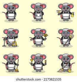 Vector illustration of cute Mouse with maid uniform. Animal character design. Mouse with cleaning equipment. Set of cute Mouse characters.