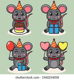 Vector illustration of cute Mouse Party cartoon. Cute Mouse expression character design bundle. Good for icon, logo, label, sticker, clipart.