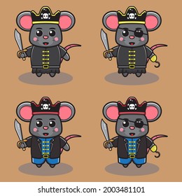 Vector illustration of cute Mouse Pirate Captain cartoon. Cute Mouse expression character design bundle.