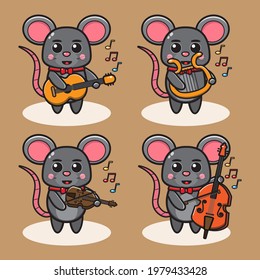 Vector illustration of cute Mouse Play Music cartoon. Cute Mouse expression character design bundle.