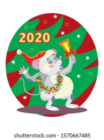 Vector illustration of cute mouse ring the bell on background with Christmas tree. Vector cartoon stock illustration.Winter holiday, Christmas eve concept. For prints, banners, stickers, cards