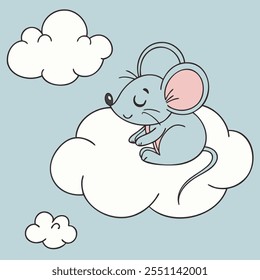 Ilustración vectorial de un ratón lindo durmiendo en una nube esponjosa, perfecto para el Uso comercial en productos para niños, decoración de la guardería, libros de cuentos o diseños caprichosos.